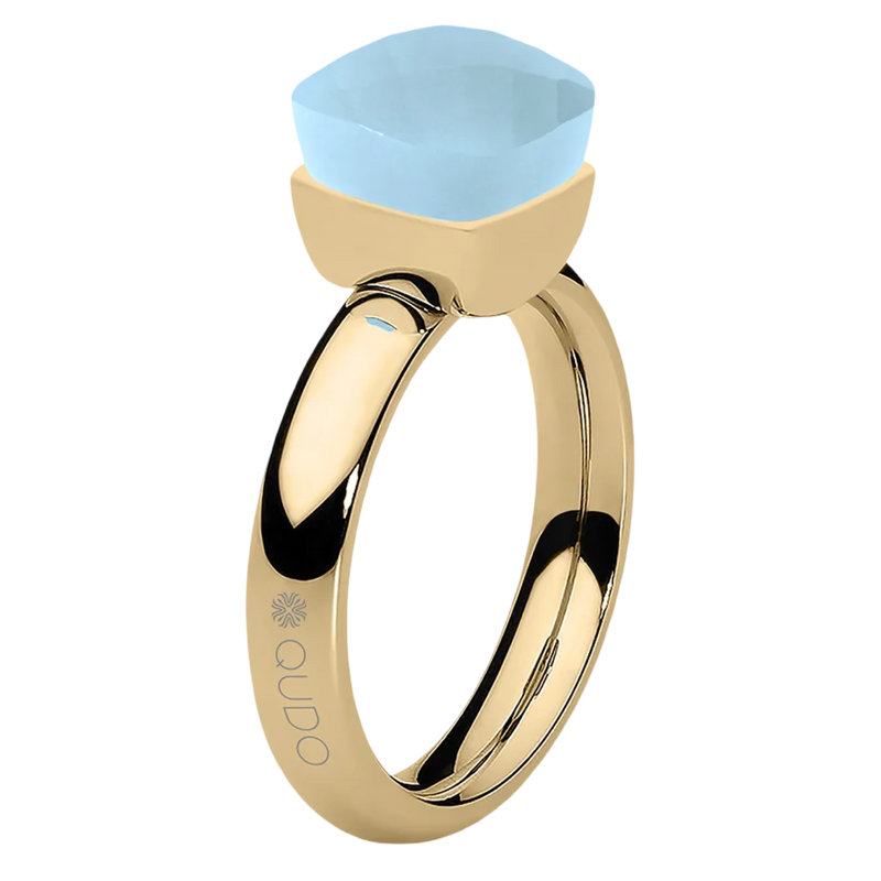 Gold ring with a light blue stone on a white background
