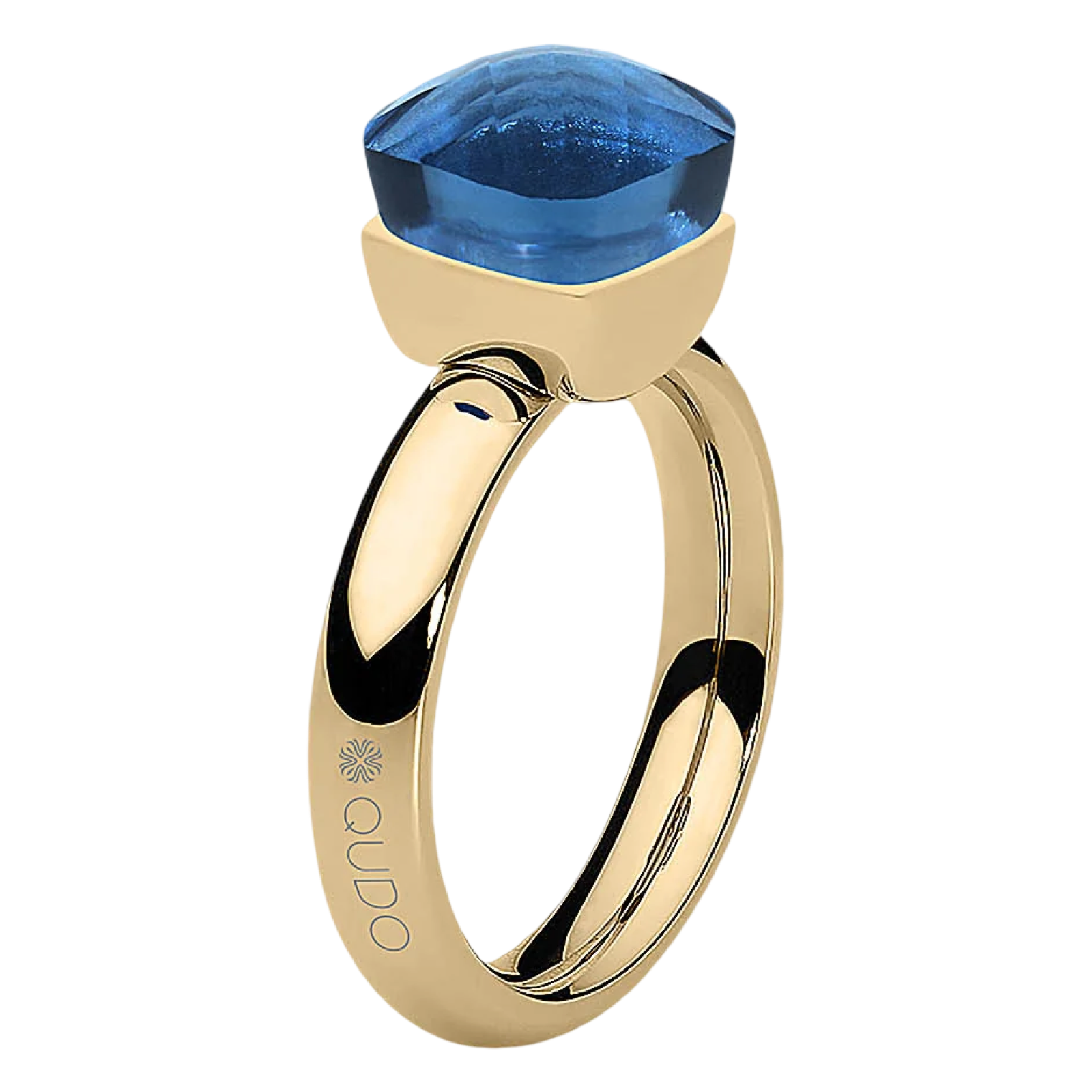 QUDO Firenze ring, dark blue crystal ring, blue statement ring, QUDO gold ring, stainless steel ring, solitaire crystal ring, navy blue ring, women’s fashion ring, stackable statement ring, elegant crystal ring, modern jewelry ring, blue gemstone look ring, QUDO jewelry, cocktail ring, everyday statement ring