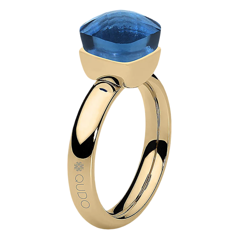 QUDO Firenze ring, dark blue crystal ring, blue statement ring, QUDO gold ring, stainless steel ring, solitaire crystal ring, navy blue ring, women’s fashion ring, stackable statement ring, elegant crystal ring, modern jewelry ring, blue gemstone look ring, QUDO jewelry, cocktail ring, everyday statement ring