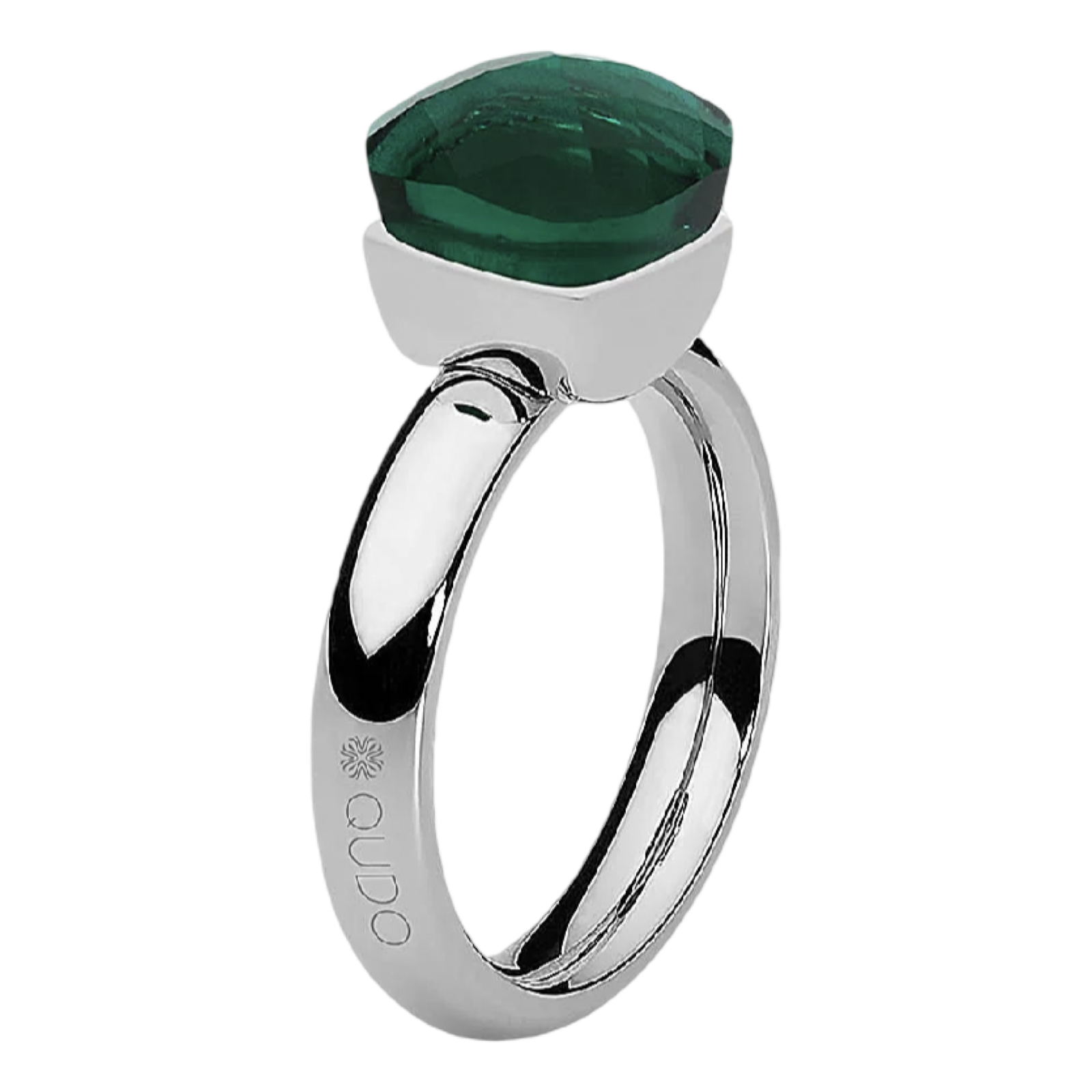 Silver ring with a green gemstone on a white background