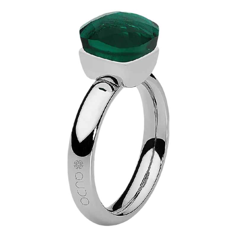 Silver ring with a green gemstone on a white background