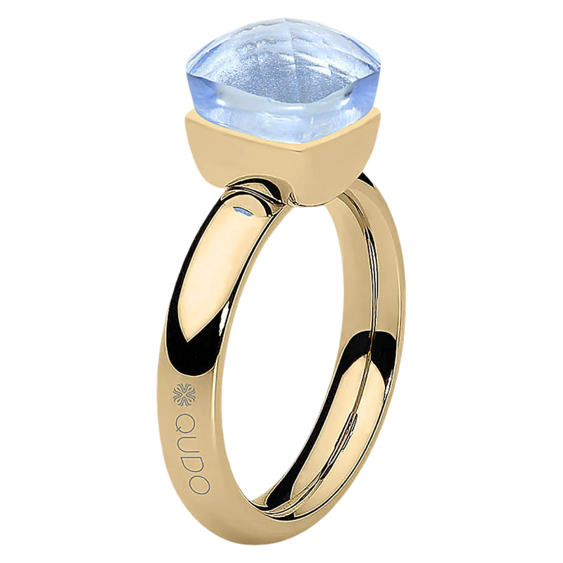 Gold ring with a blue gemstone on a white background