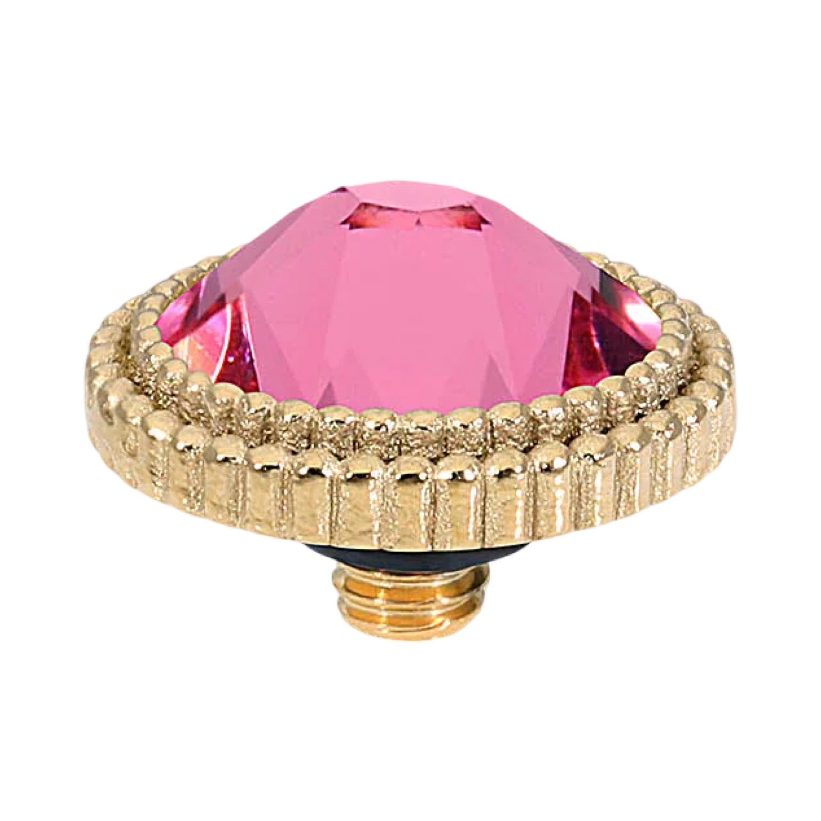QUDO Flat Faber Top Gold, QUDO pink crystal collection, interchangeable jewelry, gold crystal topper, pink crystal jewelry, QUDO topper, interchangeable ring topper, stackable jewelry, Swarovski crystal jewelry, luxury fashion jewelry, gold and pink jewelry, collectible jewelry, boutique jewelry, interchangeable bracelet topper, feminine jewelry, crystal statement jewelry, QUDO jewelry collection