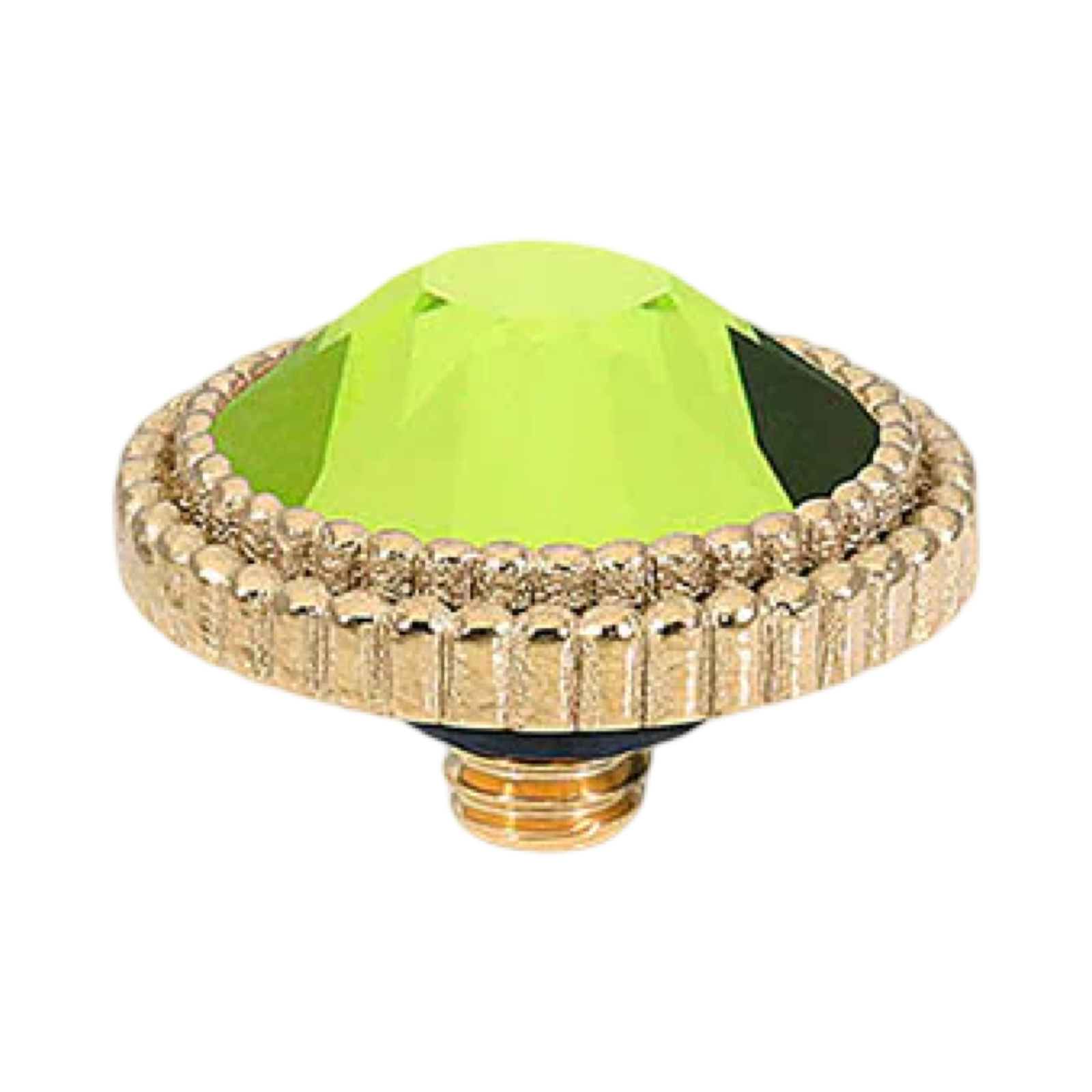 QUDO Flat Fabero Top Gold, QUDO Green and Golden Collection, interchangeable jewelry, gold crystal topper, green crystal jewelry, golden crystal jewelry, QUDO topper, interchangeable ring topper, stackable jewelry, Swarovski crystal jewelry, luxury fashion jewelry, collectible jewelry, boutique jewelry, interchangeable bracelet topper, colorful crystal jewelry, statement jewelry, QUDO jewelry collection