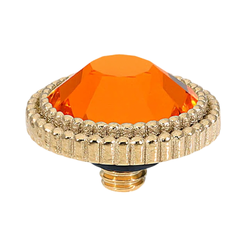 QUDO Flat Fabero gold, QUDO interchangeable jewelry, gold crystal topper, red crystal jewelry, orange crystal jewelry, flat crystal topper, Swarovski crystal jewelry, interchangeable jewelry topper, warm tone crystal jewelry, QUDO top
