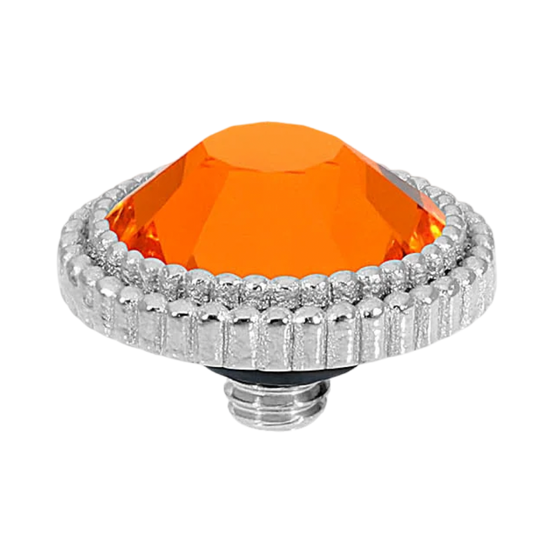 QUDO Flat Fabero silver, QUDO interchangeable jewelry, silver crystal topper, red crystal jewelry, orange crystal jewelry, flat crystal topper, Swarovski crystal jewelry, interchangeable jewelry topper, warm tone crystal jewelry, QUDO top