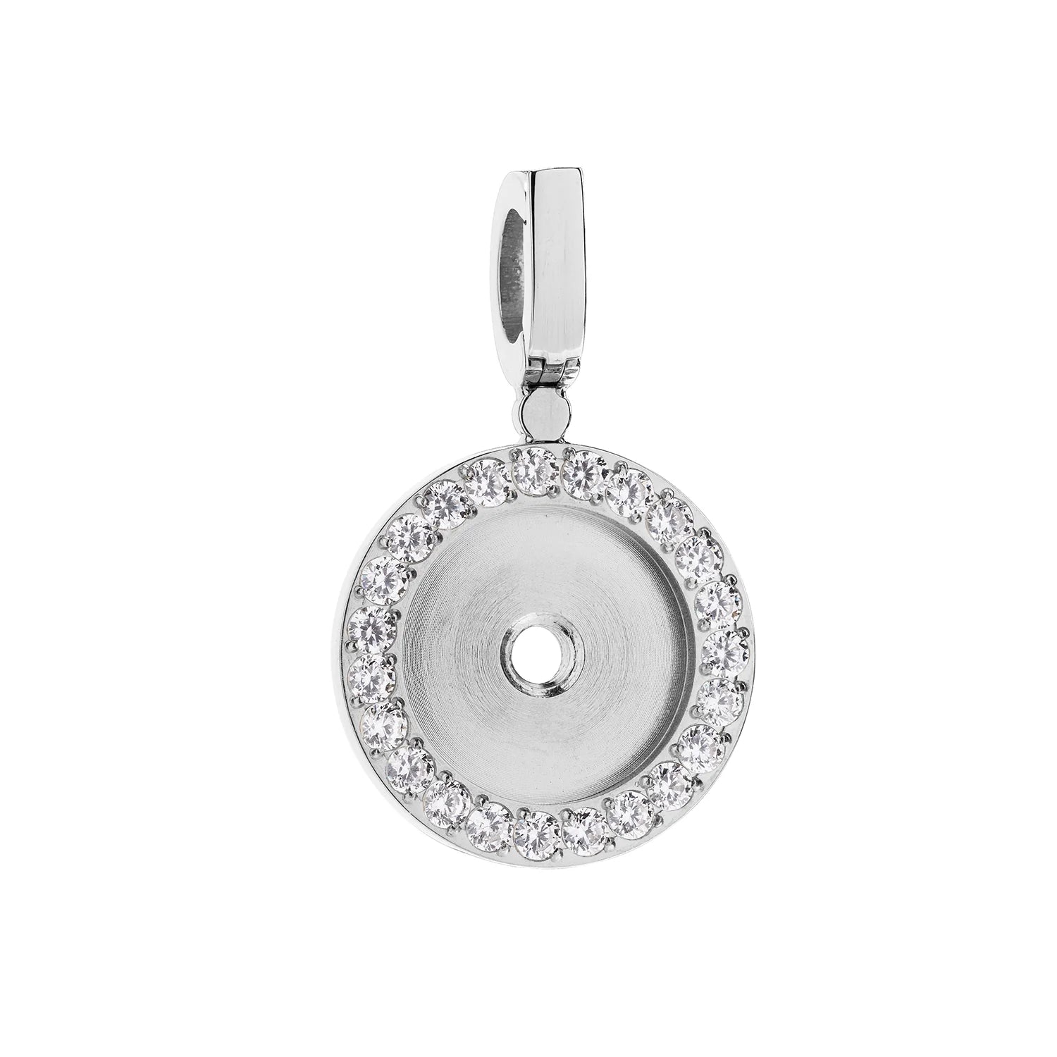 Silver pendant with clear stones on a white background
