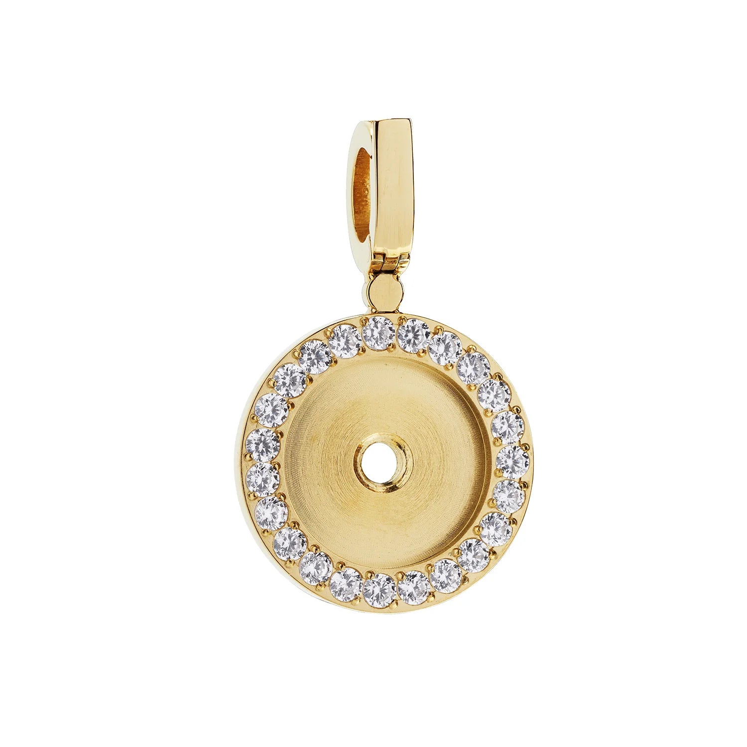 Gold pendant with clear stones on a white background