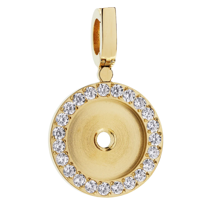 Gold pendant with clear stones on a white background