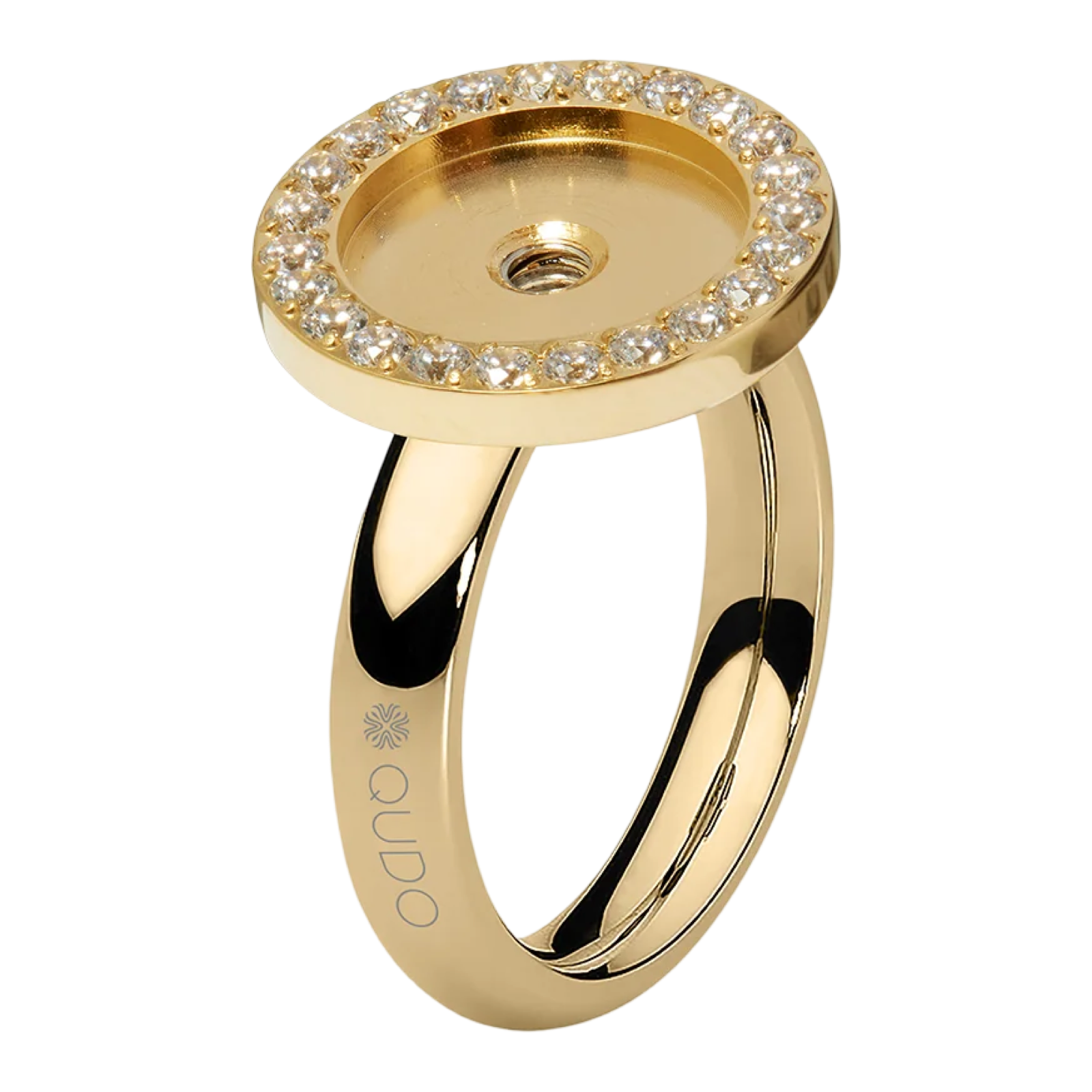Gold ring with diamond-studded top on a white background