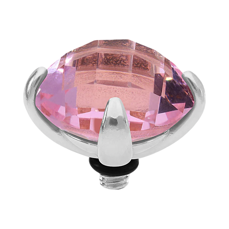 Pink gemstone with silver setting on a white background
