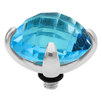 Blue gemstone with silver setting on a white background