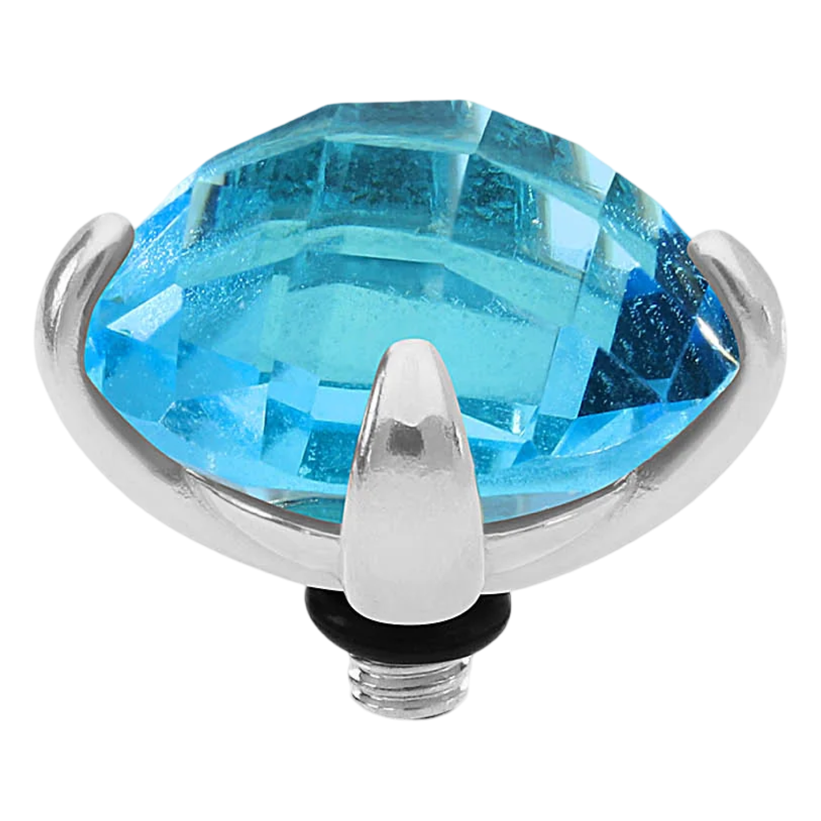 Blue gemstone with silver setting on a white background