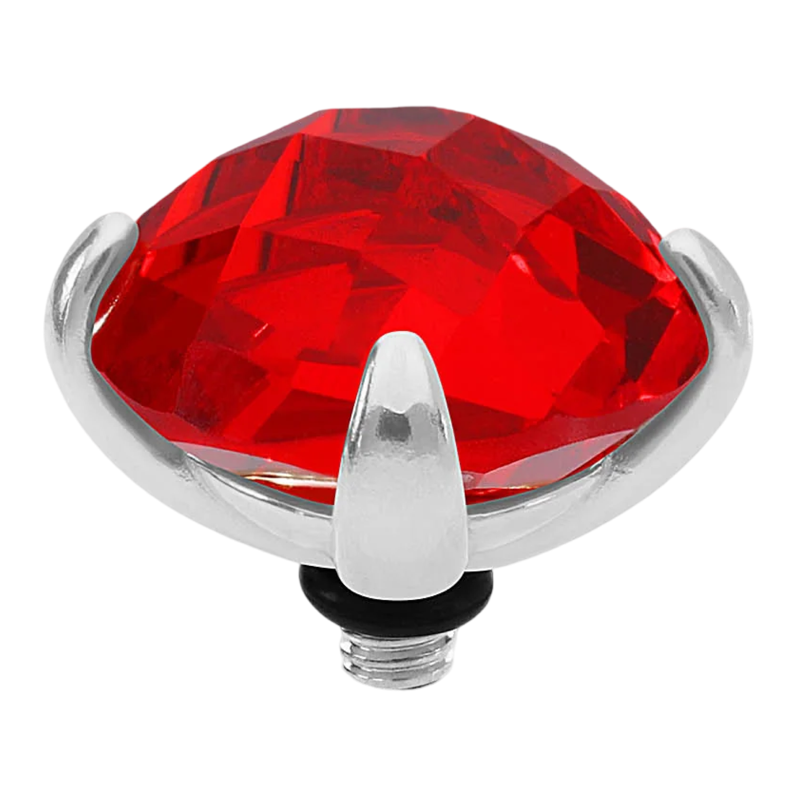 Red gemstone with silver prongs on a white background
