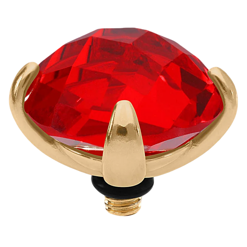 Decorative knob with red gemstone and gold accents on a white background
