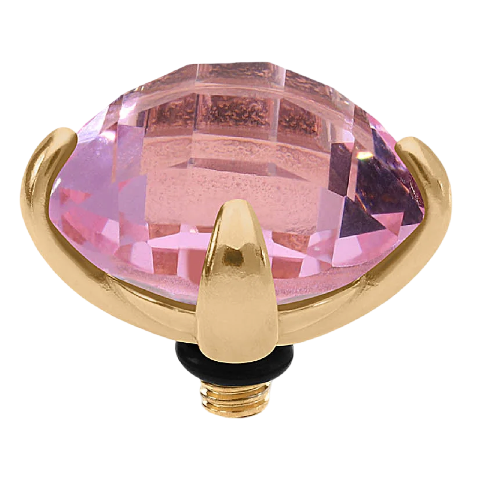 Pink gemstone with gold setting on a white background