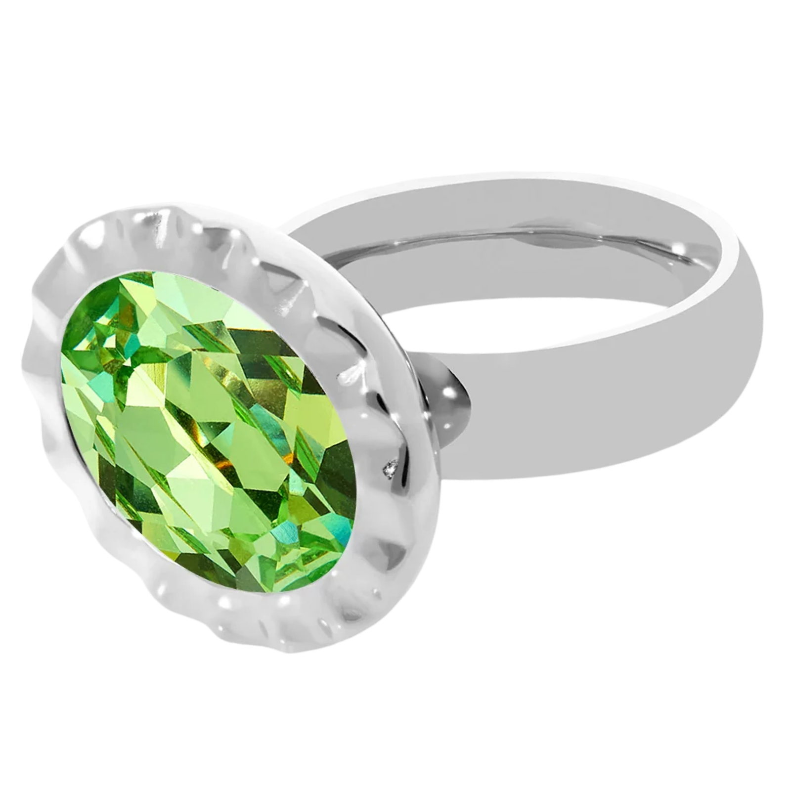 Silver ring with a green gemstone on a white background