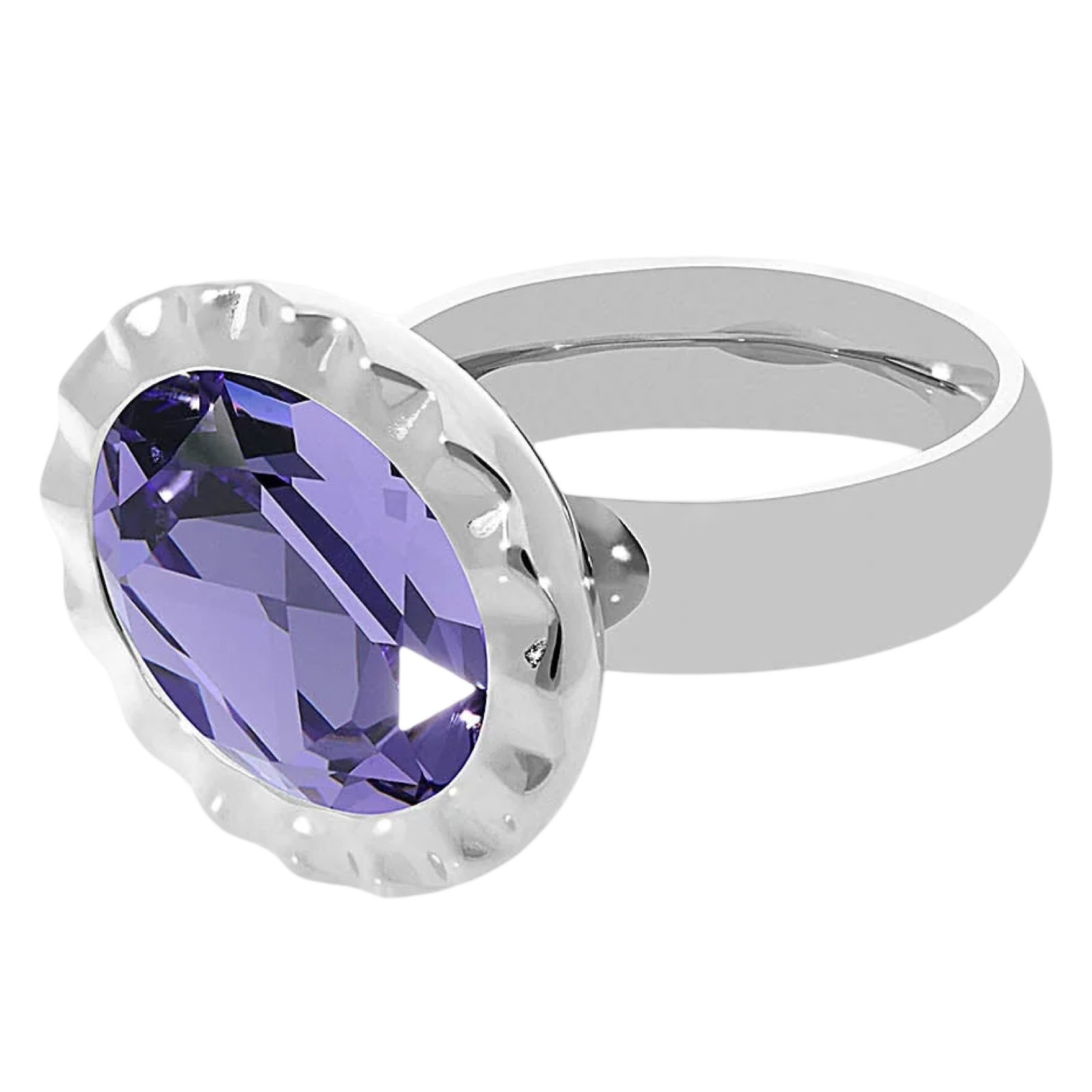 Silver ring with a purple gemstone on a white background