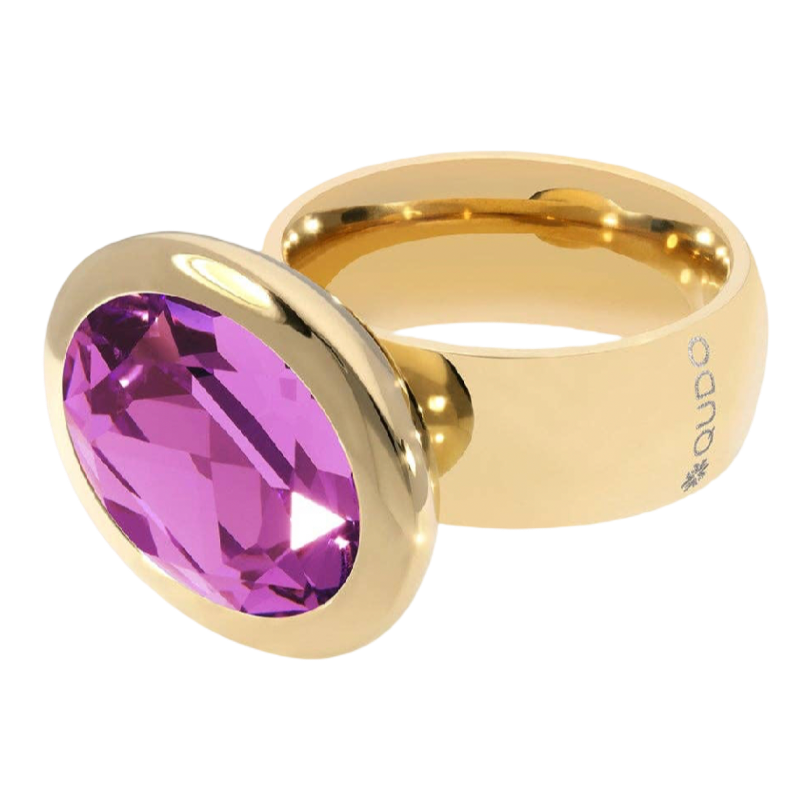 QUDO Tivola fixed gold ring featuring a large oval Dark Rose crystal