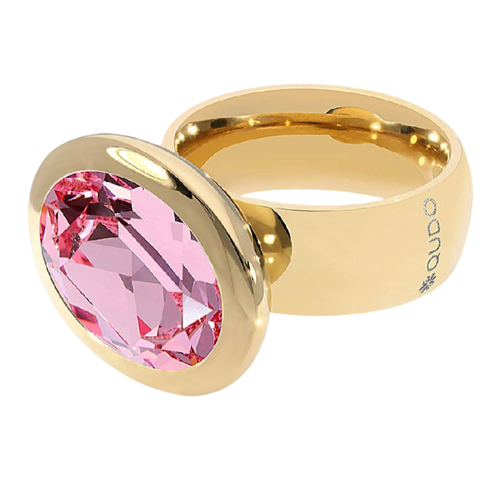 QUDO Tivola fixed ring featuring an oval Light Rose Swarovski crystal set in polished gold stainless steel,