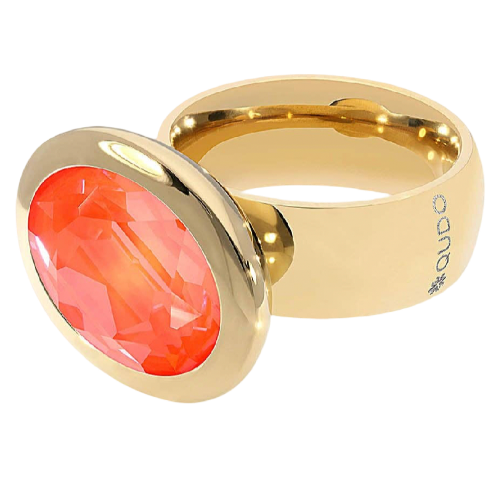 QUDO Tivola fixed ring featuring an oval Orange Ignite Swarovski crystal set in polished gold stainless steel
