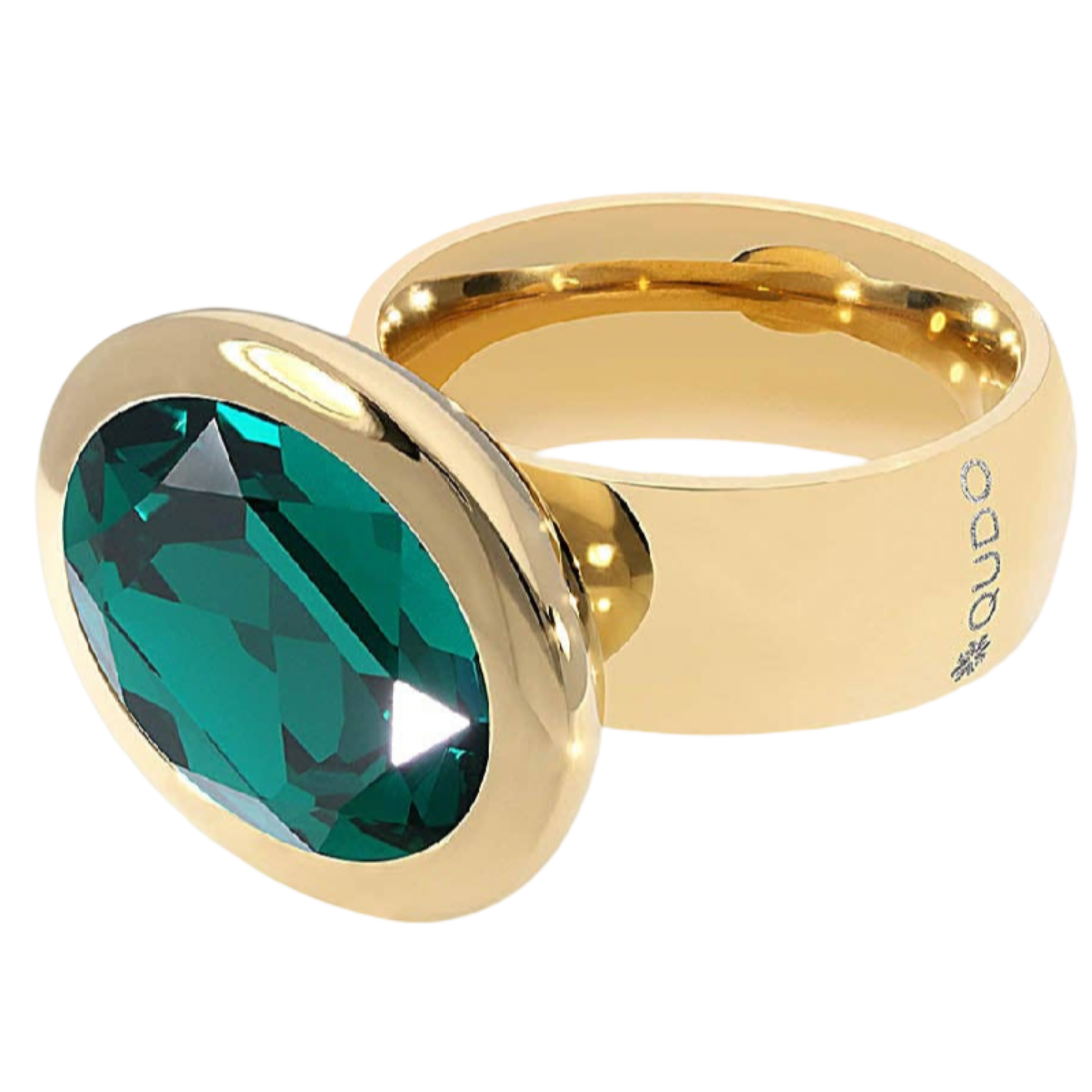 QUDO Tivola fixed ring featuring an oval emerald crystal set in polished gold stainless steel,