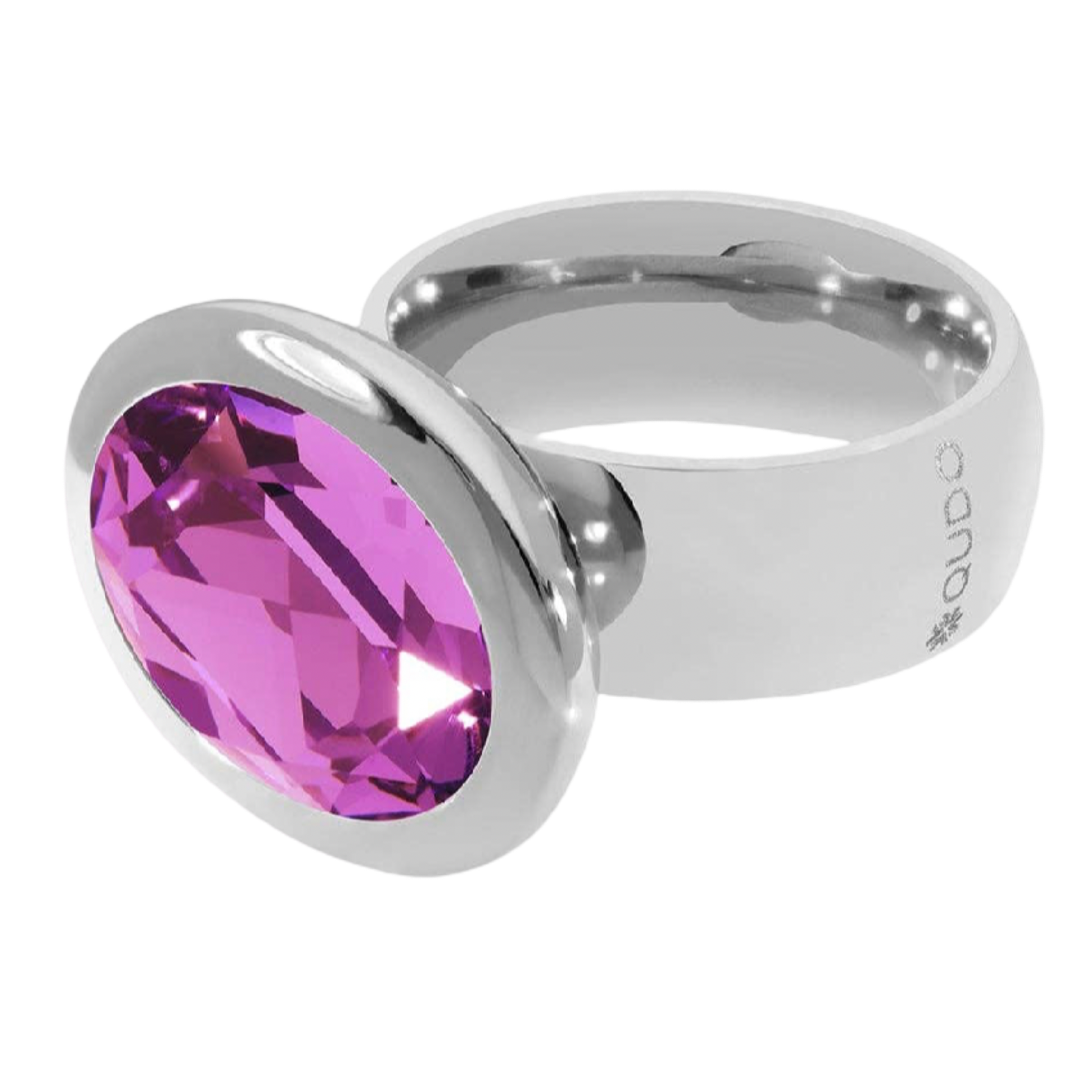 QUDO Tivola fixed silver ring featuring a large oval Dark Rose crystal