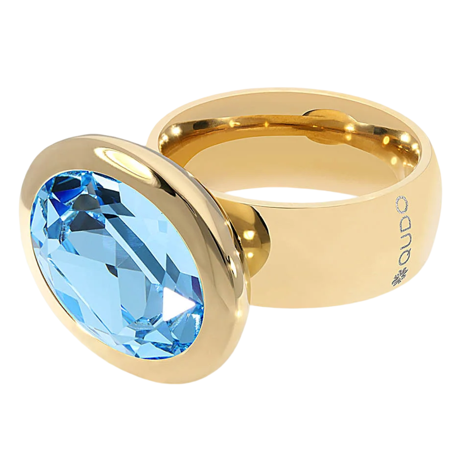 Gold ring with a blue gemstone on a white background