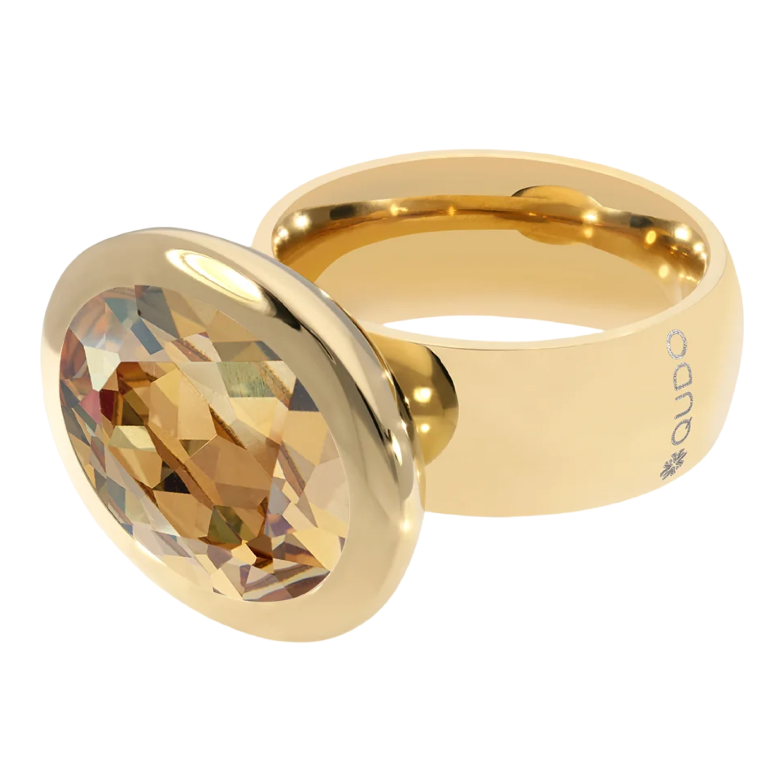 Gold ring with a large, faceted gemstone on a white background