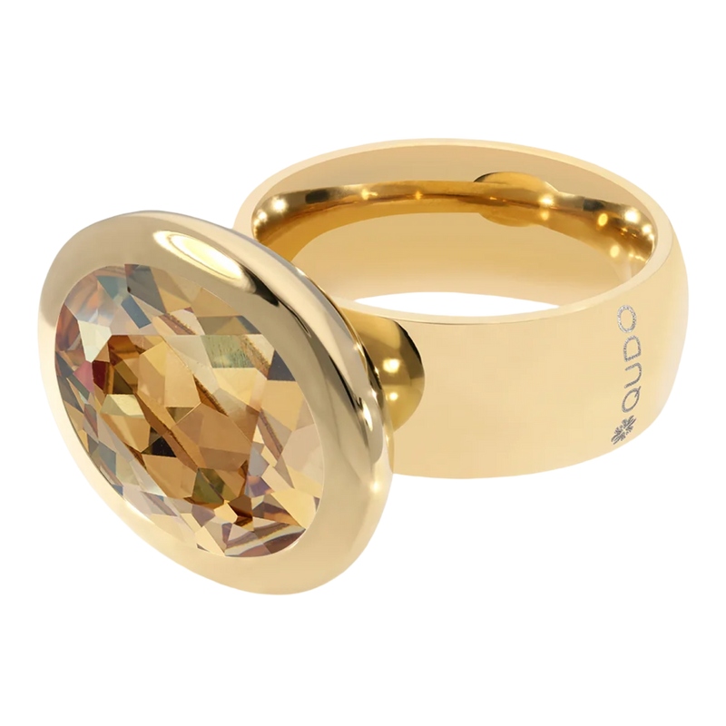 Gold ring with a large, faceted gemstone on a white background