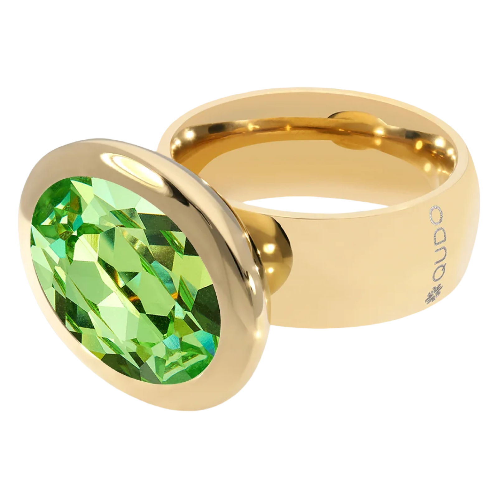 QUDO Tivola ring, peridot statement ring, green crystal ring, oval statement ring, QUDO statement ring, stainless steel ring, bold fashion ring, colorful crystal ring, women’s statement jewelry, oversized ring, green gemstone look ring, fashion cocktail ring, QUDO jewelry, elegant statement ring, modern jewelry ring
