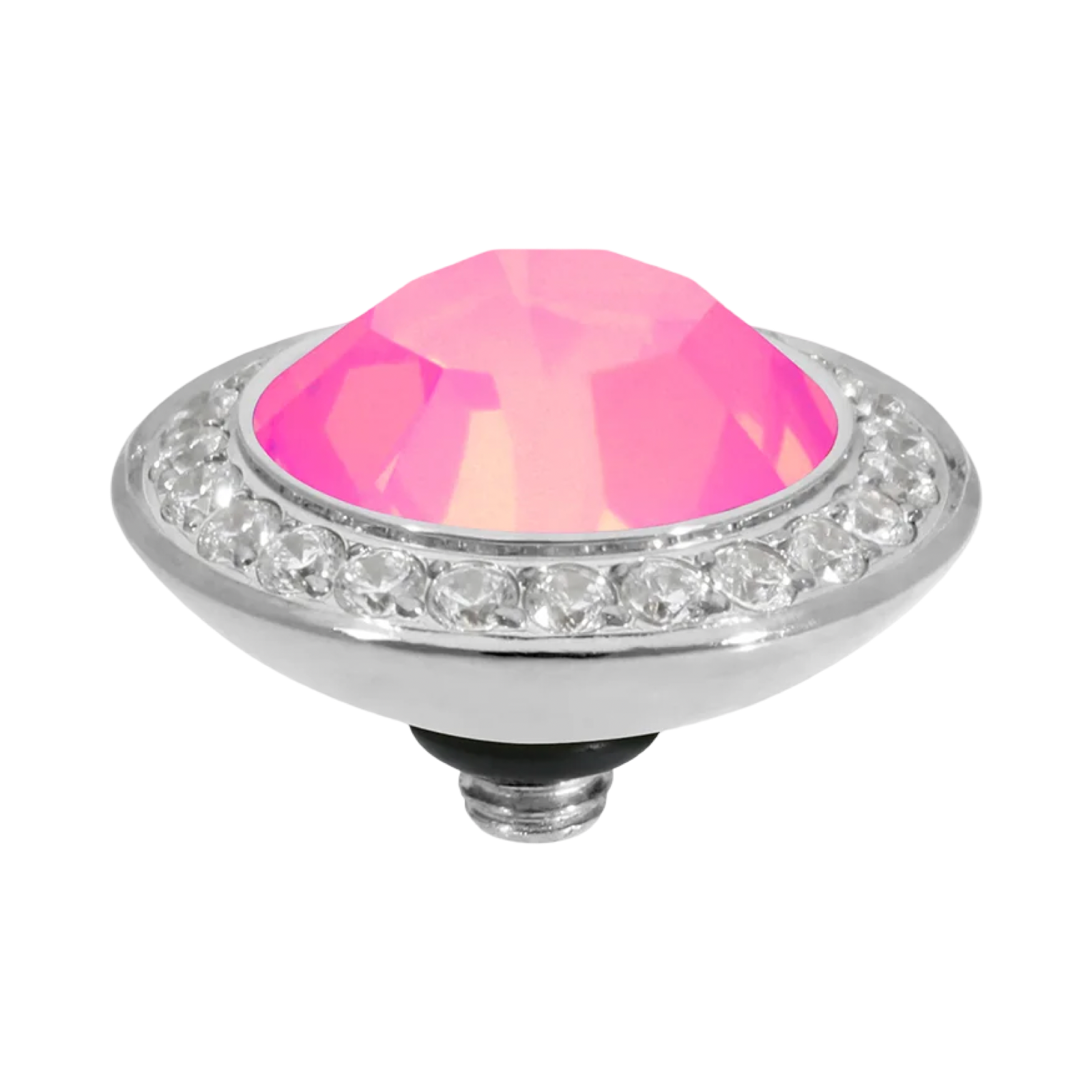 QUDO Tondo Deluxe Top Silver, QUDO pink crystal collection, interchangeable jewelry, silver crystal topper, pink crystal jewelry, QUDO topper, statement crystal topper, interchangeable ring topper, stackable jewelry, Swarovski crystal jewelry, silver and pink jewelry, luxury fashion jewelry, collectible jewelry, QUDO jewelry collection, boutique jewelry, interchangeable bracelet topper, feminine statement jewelry
