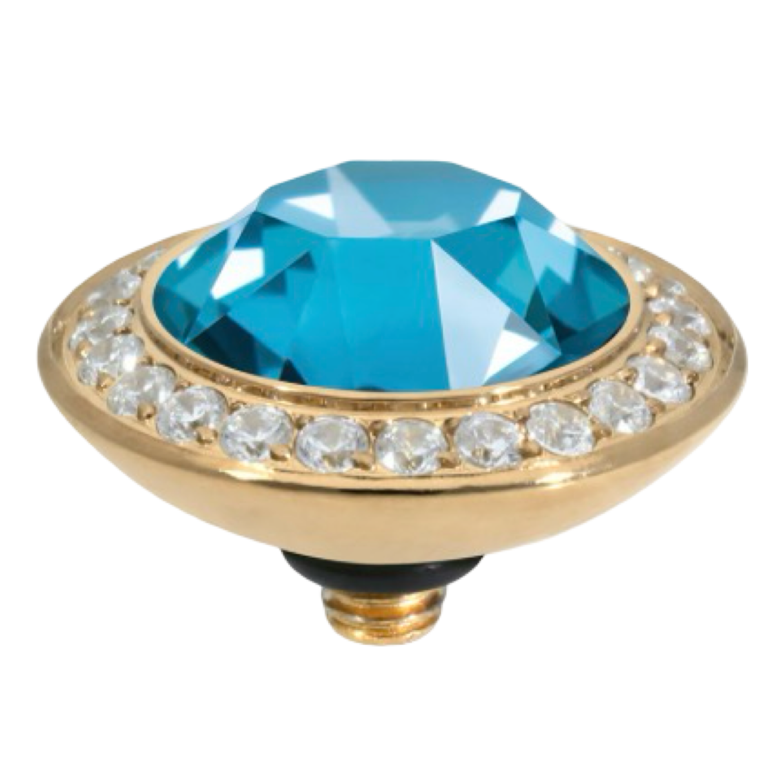 QUDO Tondo Deluxe interchangeable jewelry top featuring a Teal Ignite Swarovski crystal set in polished gold stainless steel.