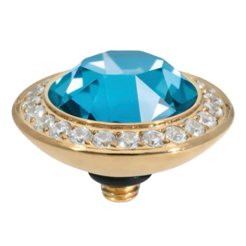 QUDO Tondo Deluxe interchangeable jewelry top featuring a Teal Ignite Swarovski crystal set in polished gold stainless steel.