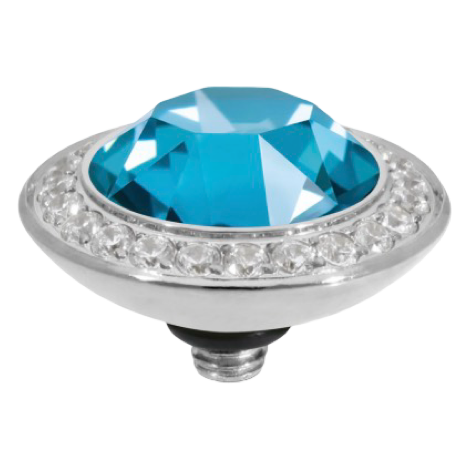 QUDO Tondo Deluxe interchangeable jewelry top featuring a Teal Ignite Swarovski crystal set in polished silver stainless steel.