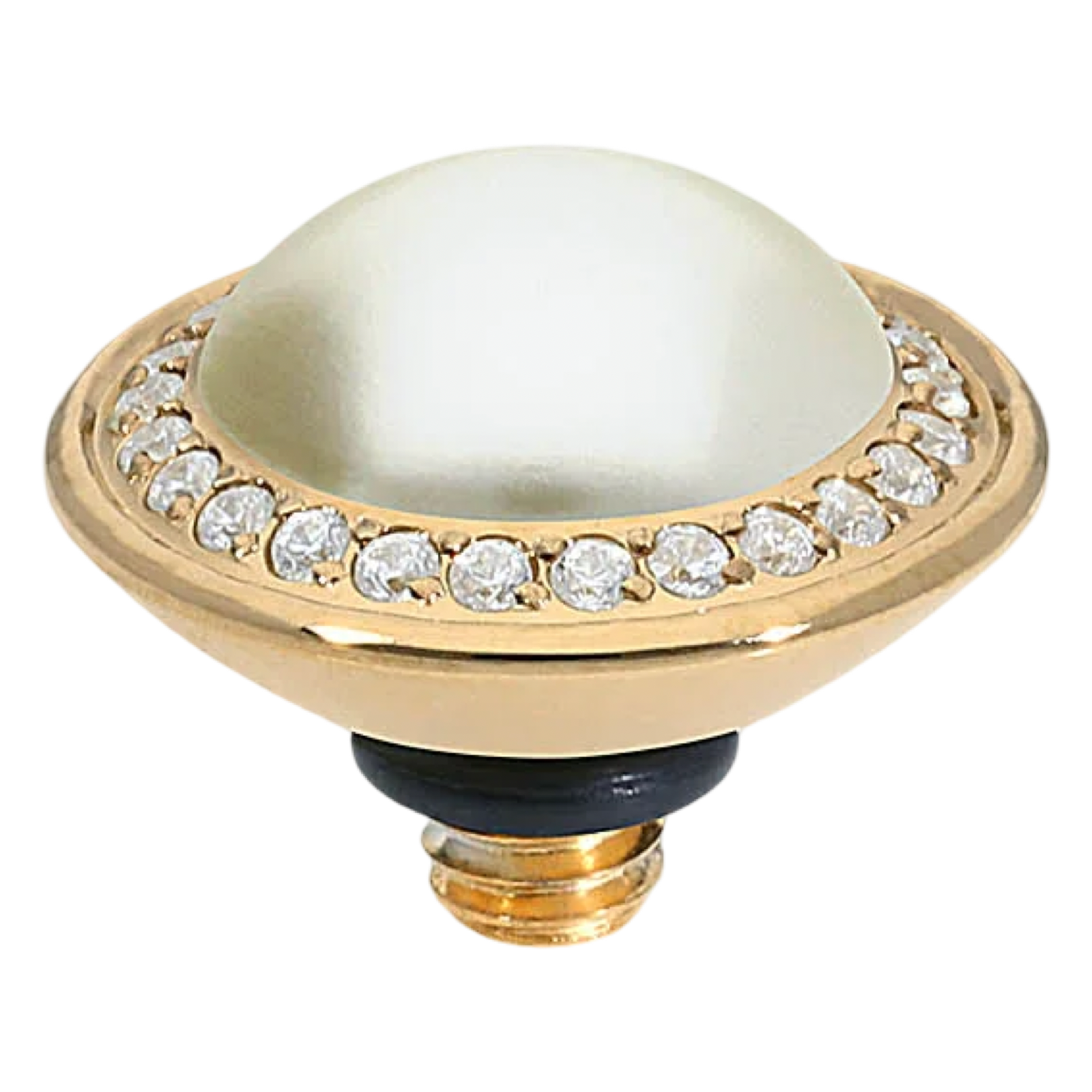 QUDO Tondo Deluxe interchangeable jewelry topper in polished gold-tone stainless steel featuring a luminous Cream Pearl center surrounded by sparkling crystals in a 13 mm round setting.