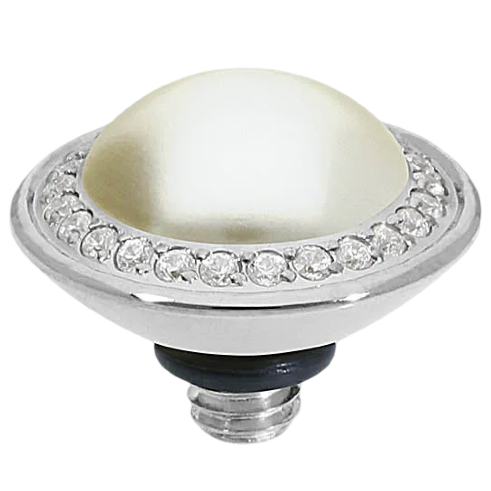 QUDO Tondo Deluxe interchangeable jewelry topper in polished silver-tone stainless steel featuring a luminous Cream Pearl center surrounded by sparkling crystals in a 13 mm round setting.