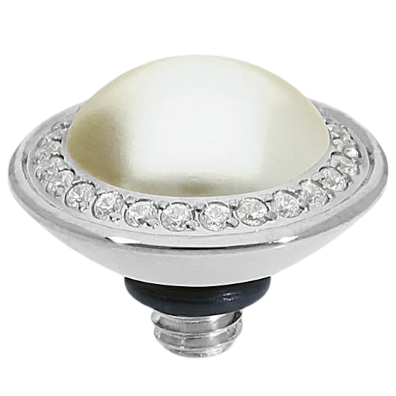 QUDO Tondo Deluxe interchangeable jewelry topper in polished silver-tone stainless steel featuring a luminous Cream Pearl center surrounded by sparkling crystals in a 13 mm round setting.