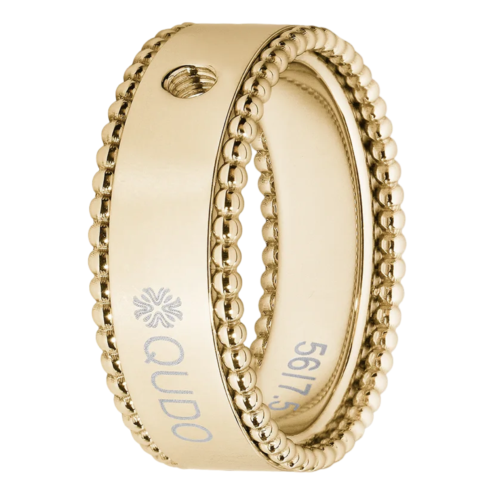 Gold ring with beaded design and 'Qudo' branding on a white background