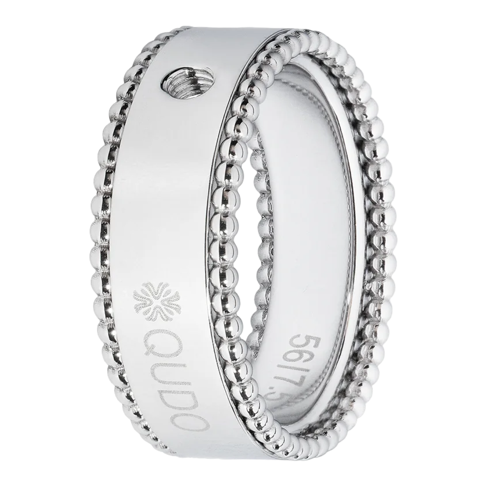 Silver ring with beaded design on a white background