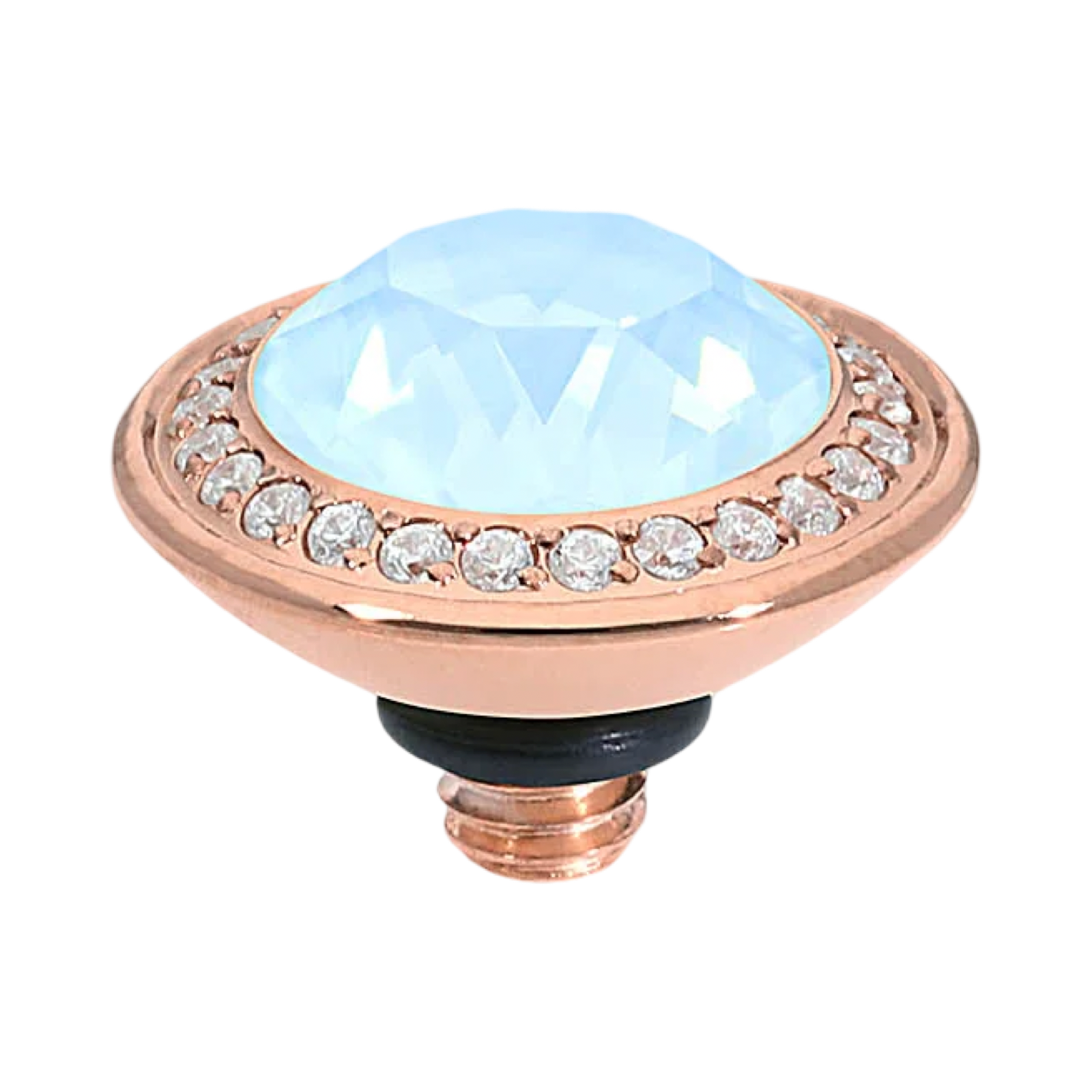 QUDO blue crystal collection, QUDO Tondo Deluxe rose gold topper, interchangeable crystal jewelry, blue Swarovski crystal topper, European crystal jewelry, QUDO jewelry, rose gold crystal topper, blue crystal ring topper, luxury interchangeable jewelry, QUDO topper collection, Tondo Deluxe topper 0.51