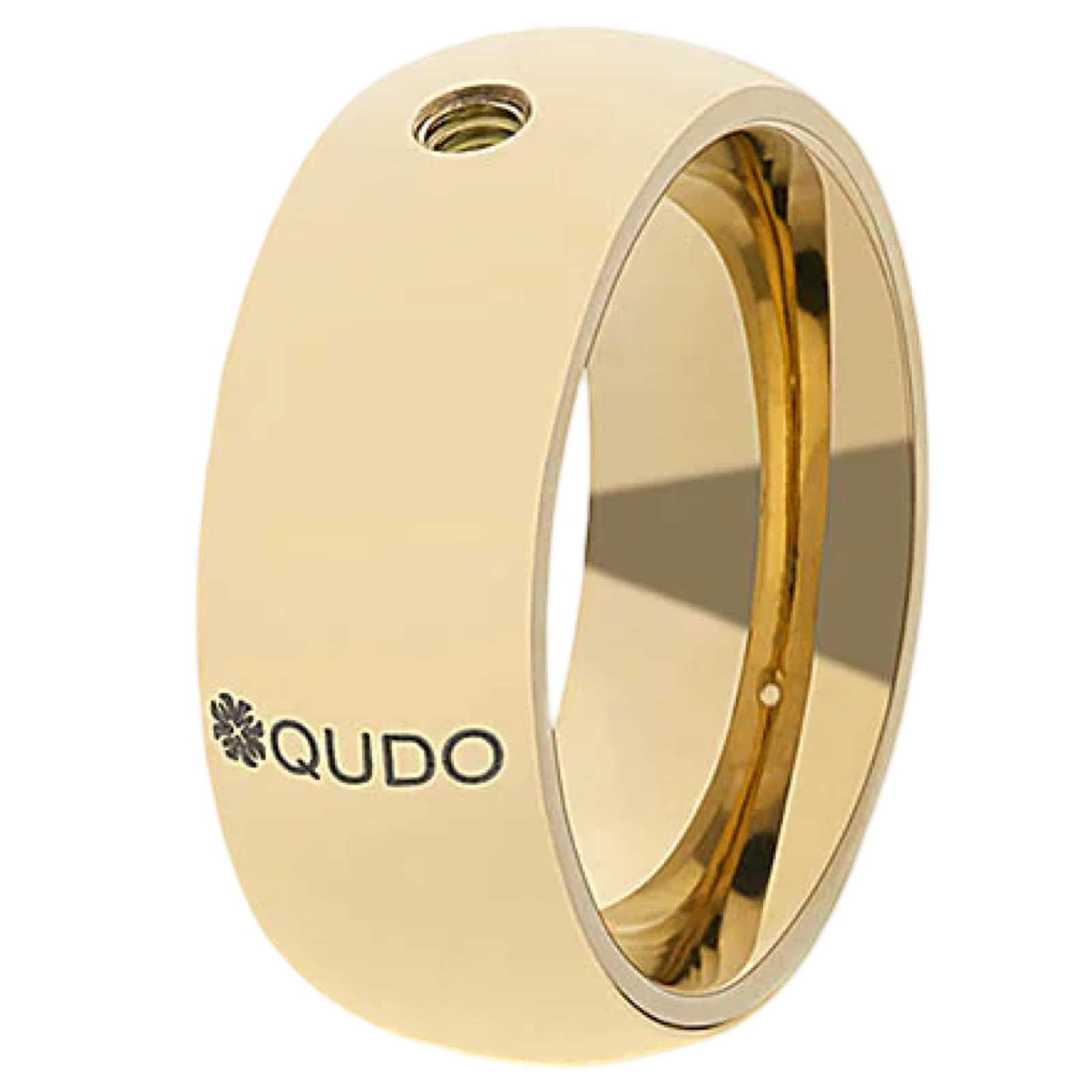 Gold ring with 'QUDO' branding on a white background