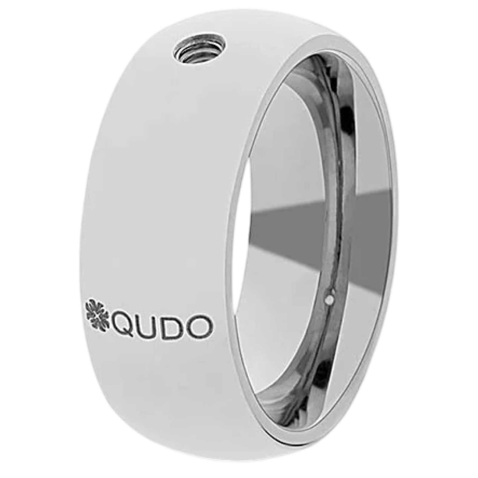 Silver ring with 'QUDO' branding on a white background