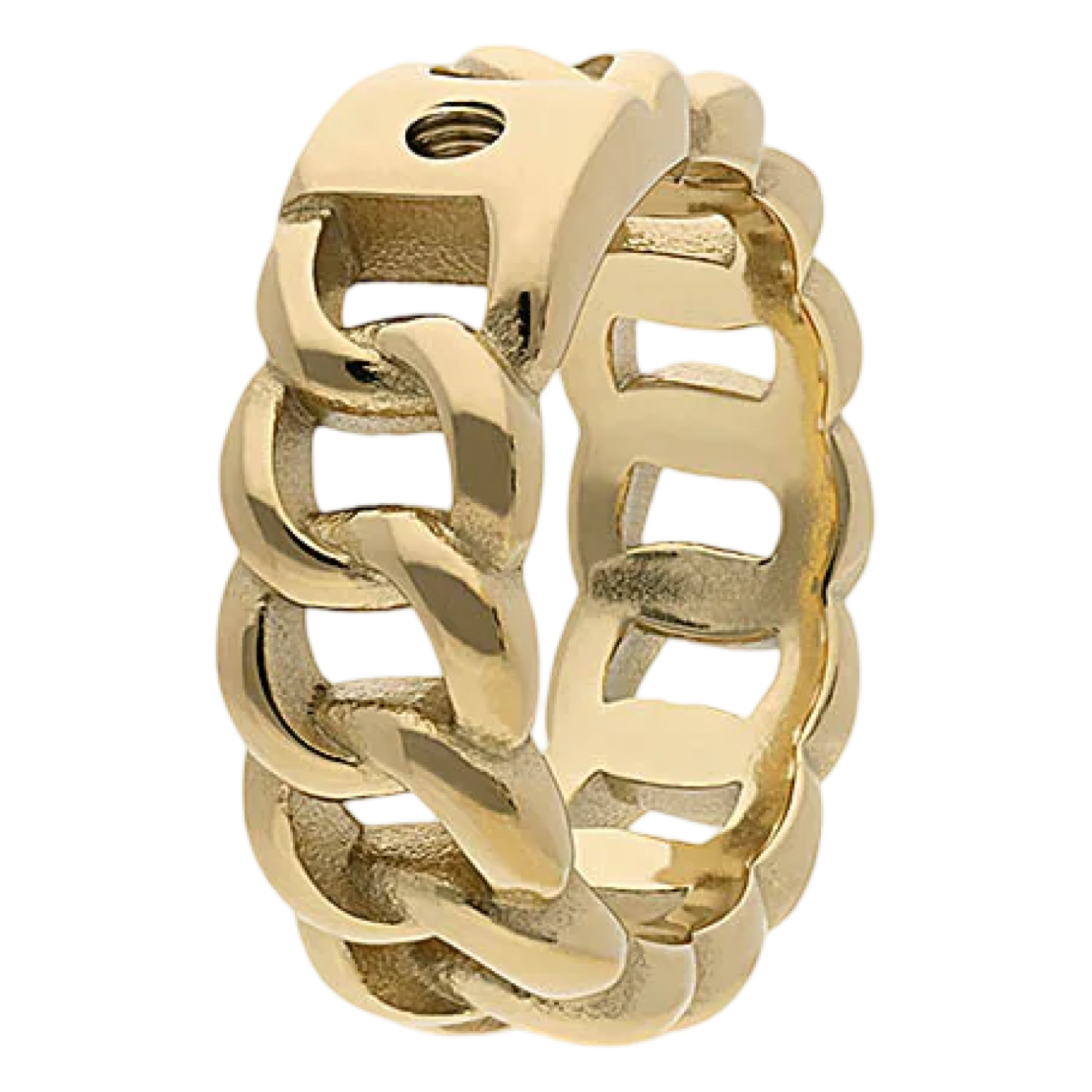 Gold chain-style ring on a white background