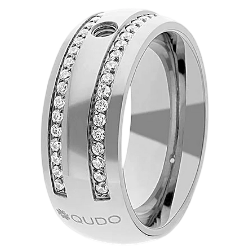 Silver ring with embedded diamonds on a white background, featuring the brand 'QUDO'.