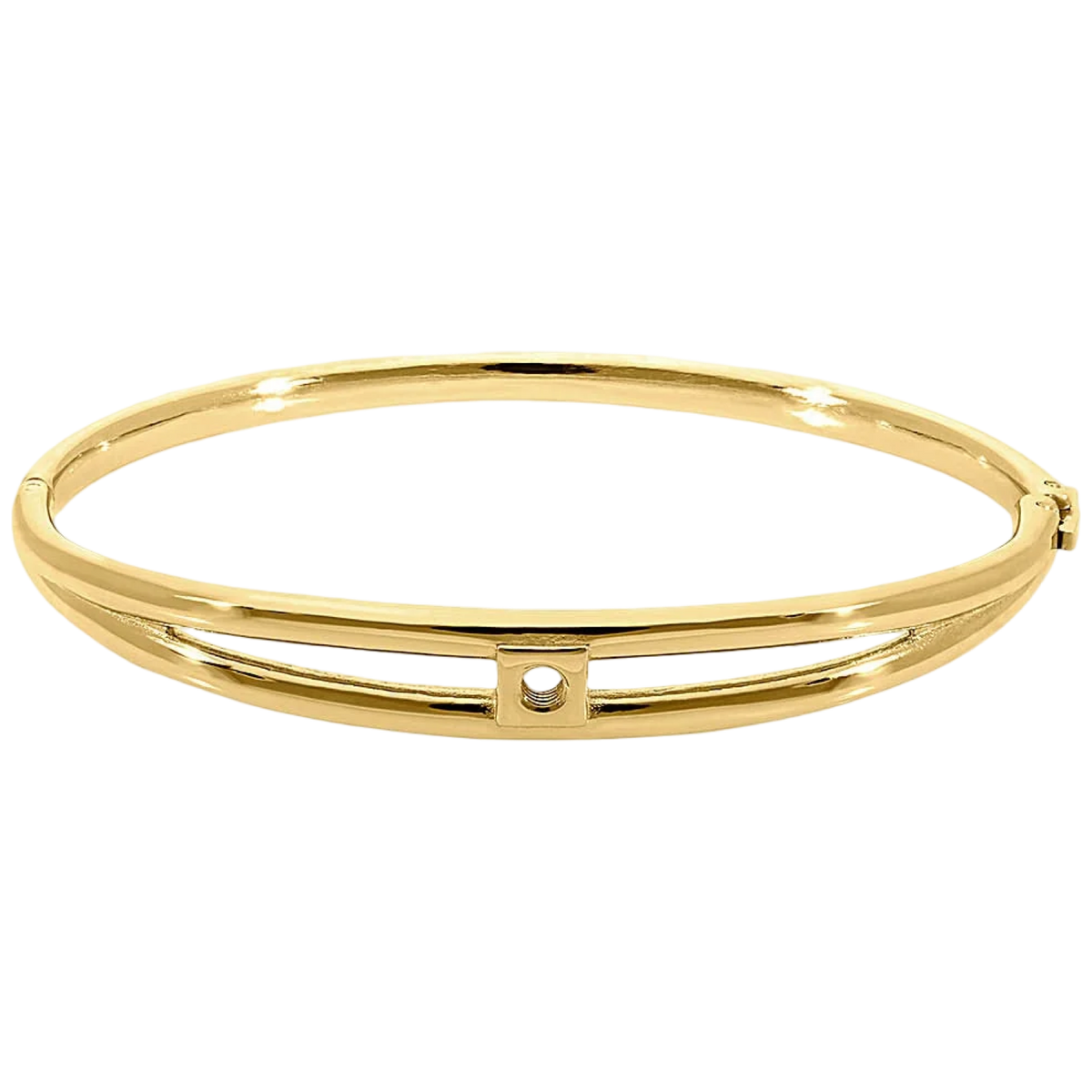 Gold bangle with a small round stone on a white background