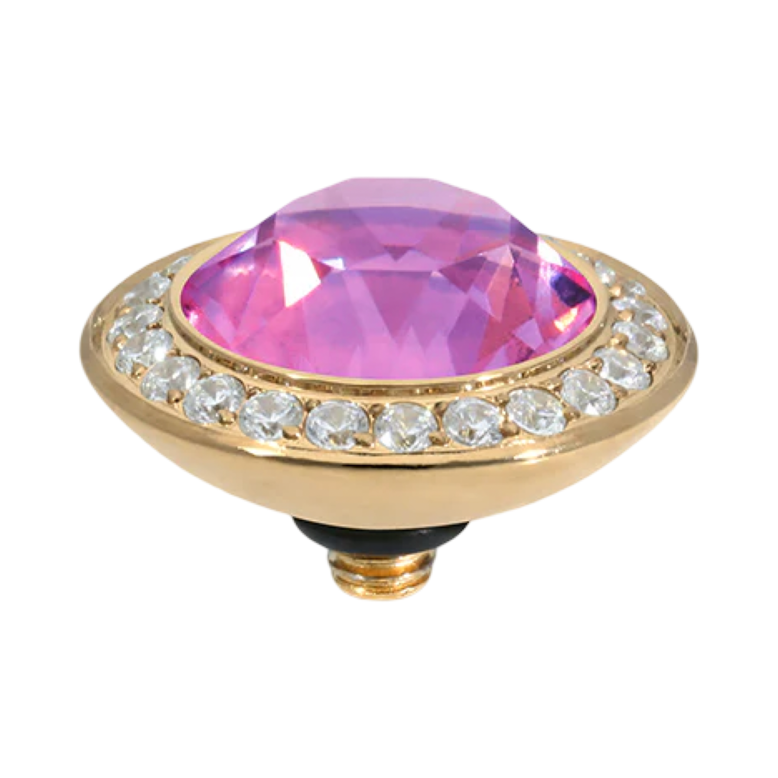 Pink gemstone in a gold setting with clear stones on a white background