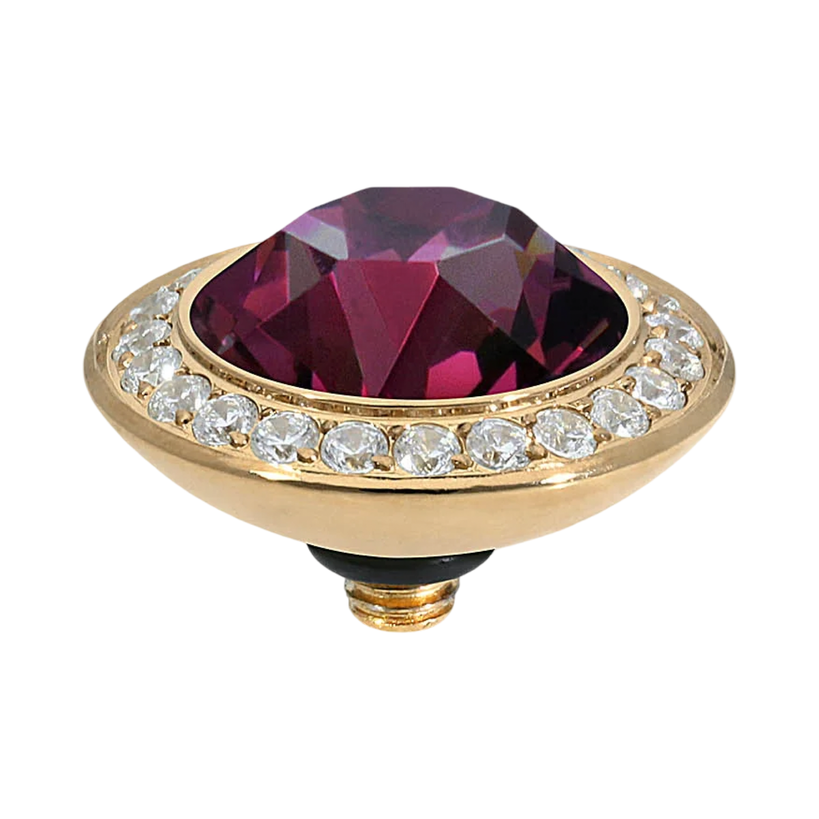 Jewelry item with a purple gemstone and gold setting on a white background