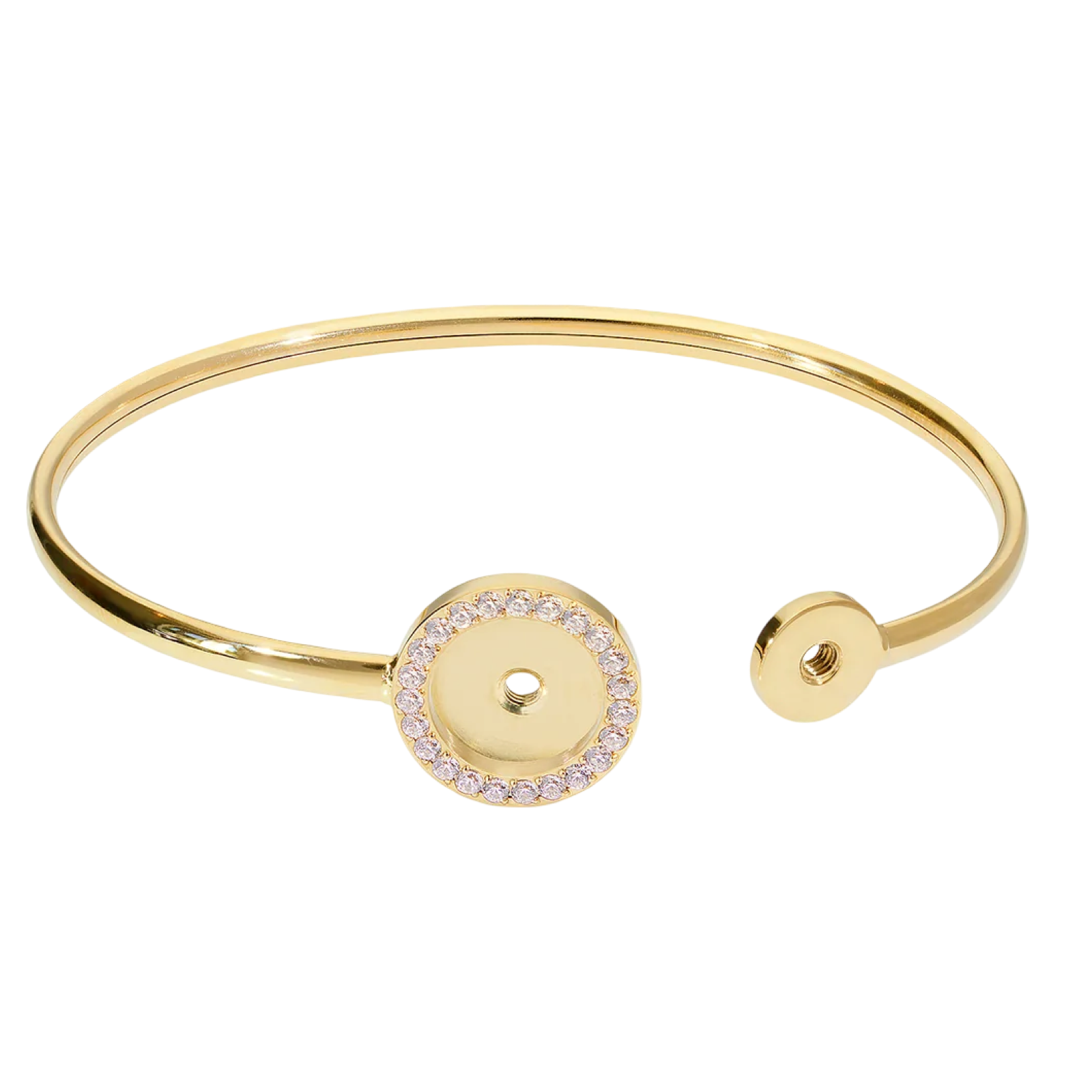 Gold bracelet with a circular charm on a white background
