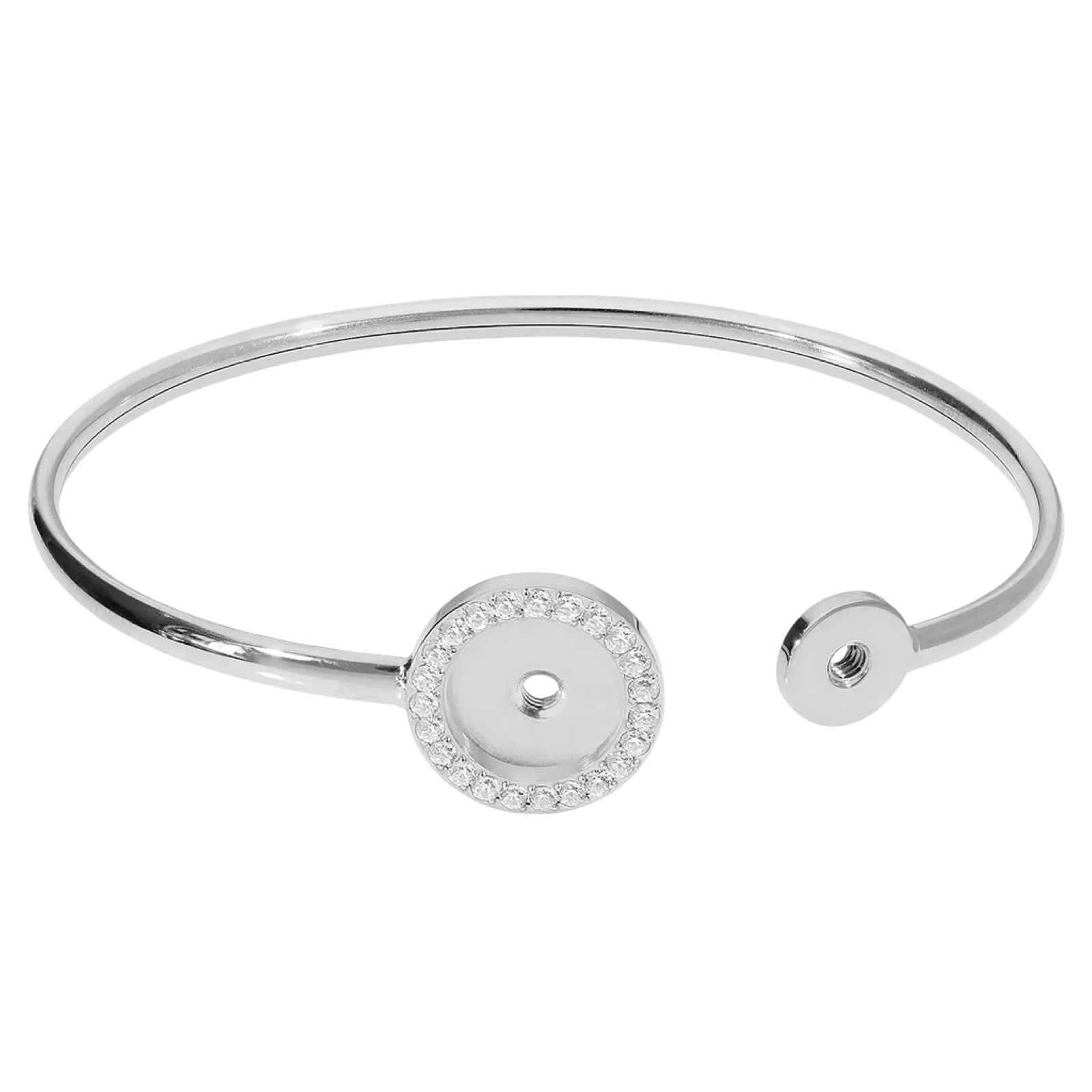 Silver bangle with a round embellishment on a white background